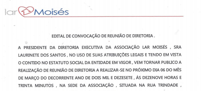 Edital de convocação para reunião da diretoria